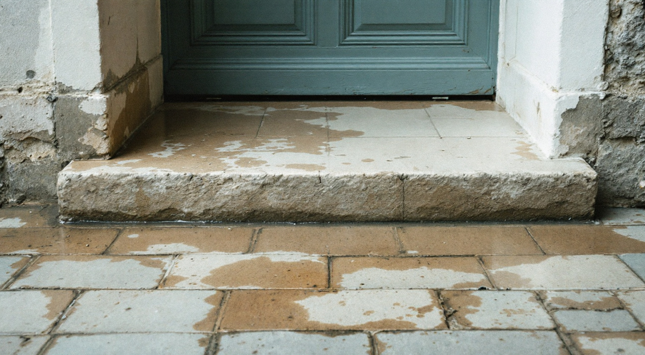 Seuil de porte d'entrée au ras d'une cour pavée, trace de dépôt laissée par l'eau