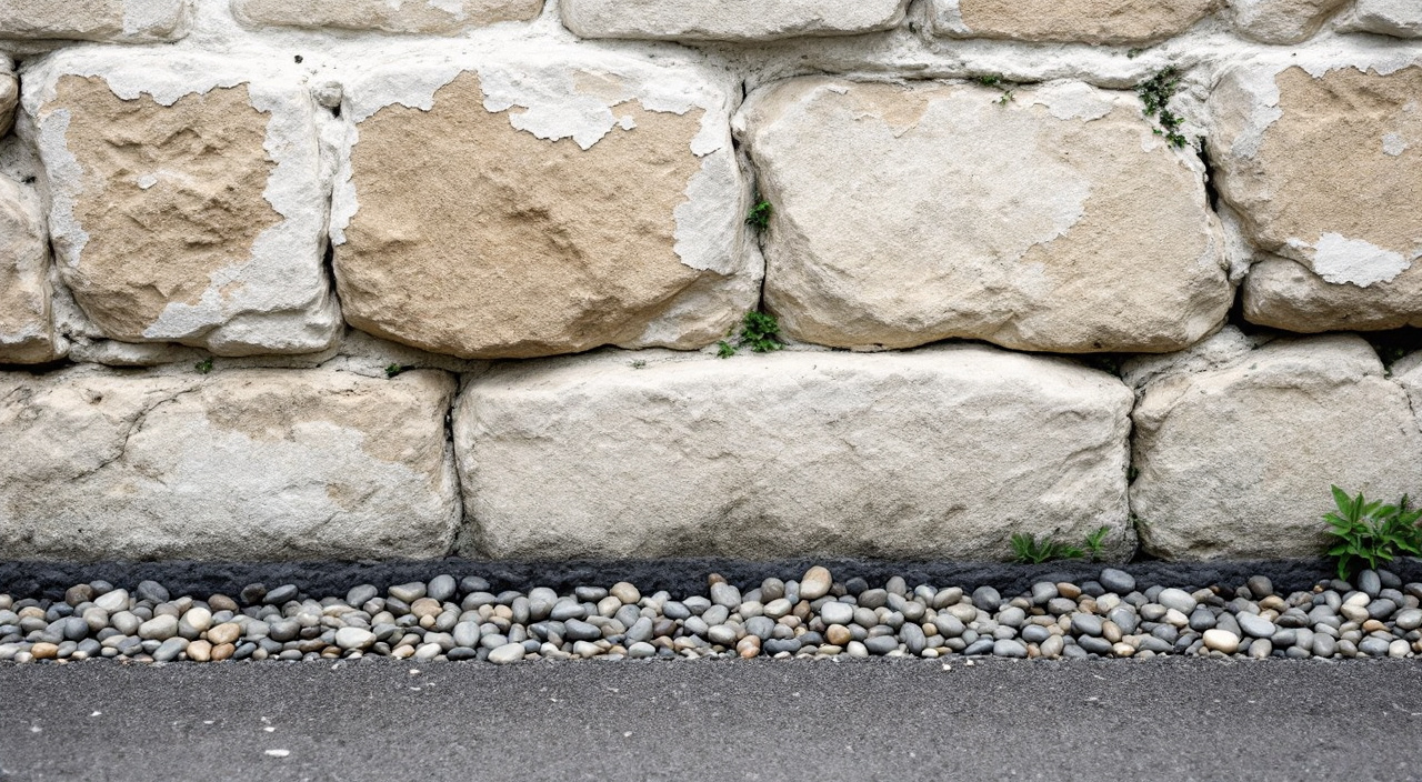 Pied de mur en calcaire tendre dont l'épiderme s'écaille au-dessus d'une bande de galets fraîchement posée