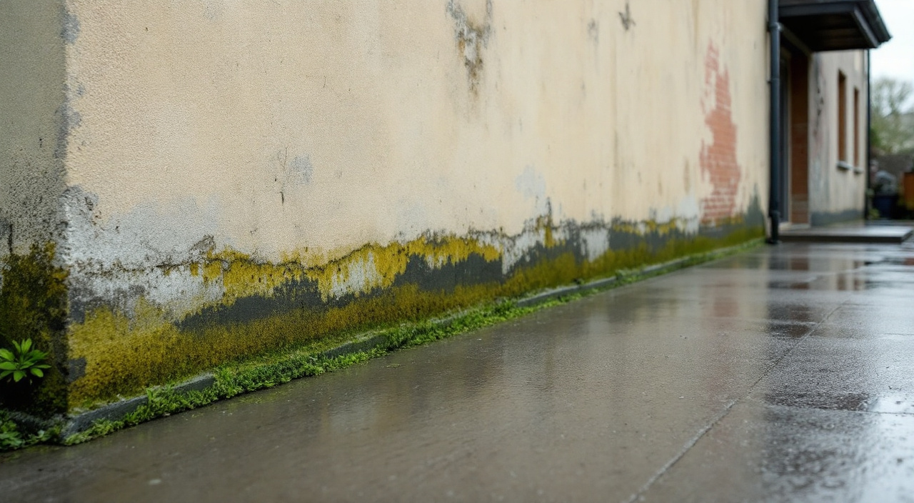 Limite entre une cour bétonnée et un vieux mur enduit, ligne de dépôt au pied de la façade