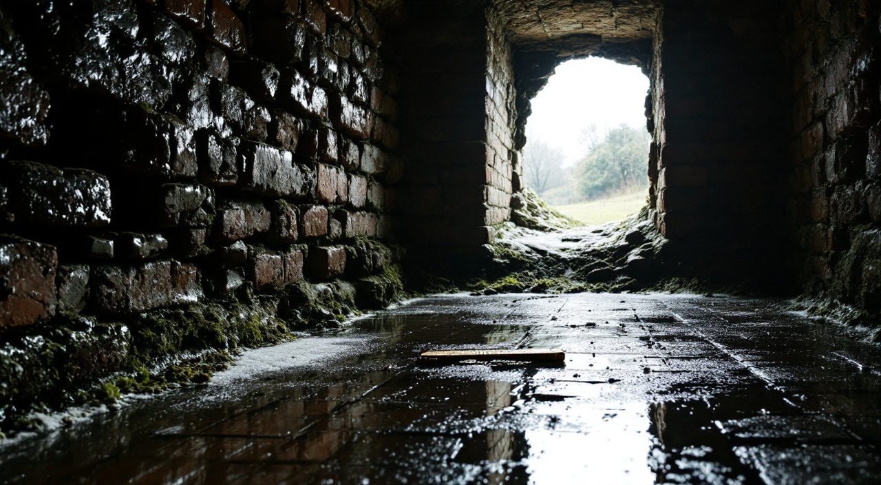 Cave de fond de vallon aux sols de brique couverts d'une pellicule d'eau, murs sombres uniquement sur les deux premières assises