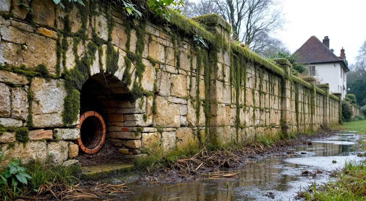 Mur de soutènement ancien en craie et silex dans un jardin en gradins, barbacane bouchée et bandes de mousse sur le parement
