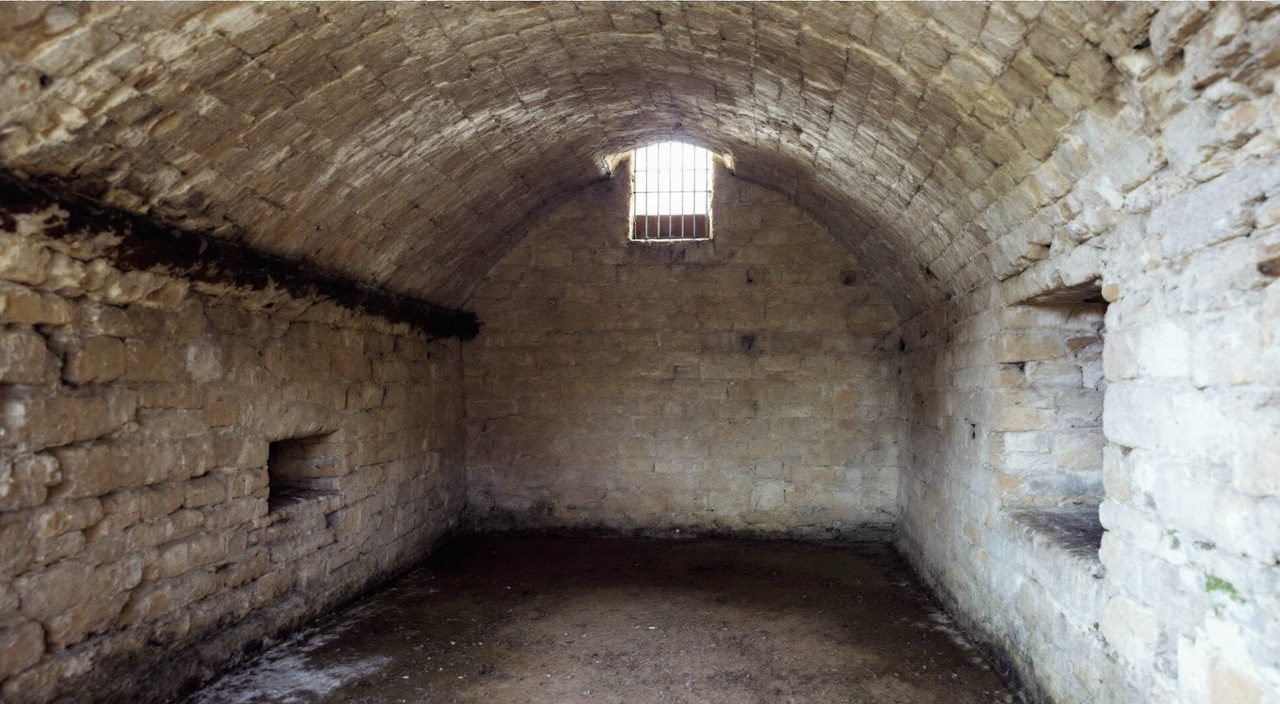 Cave voûtée en pierre au sol de terre battue