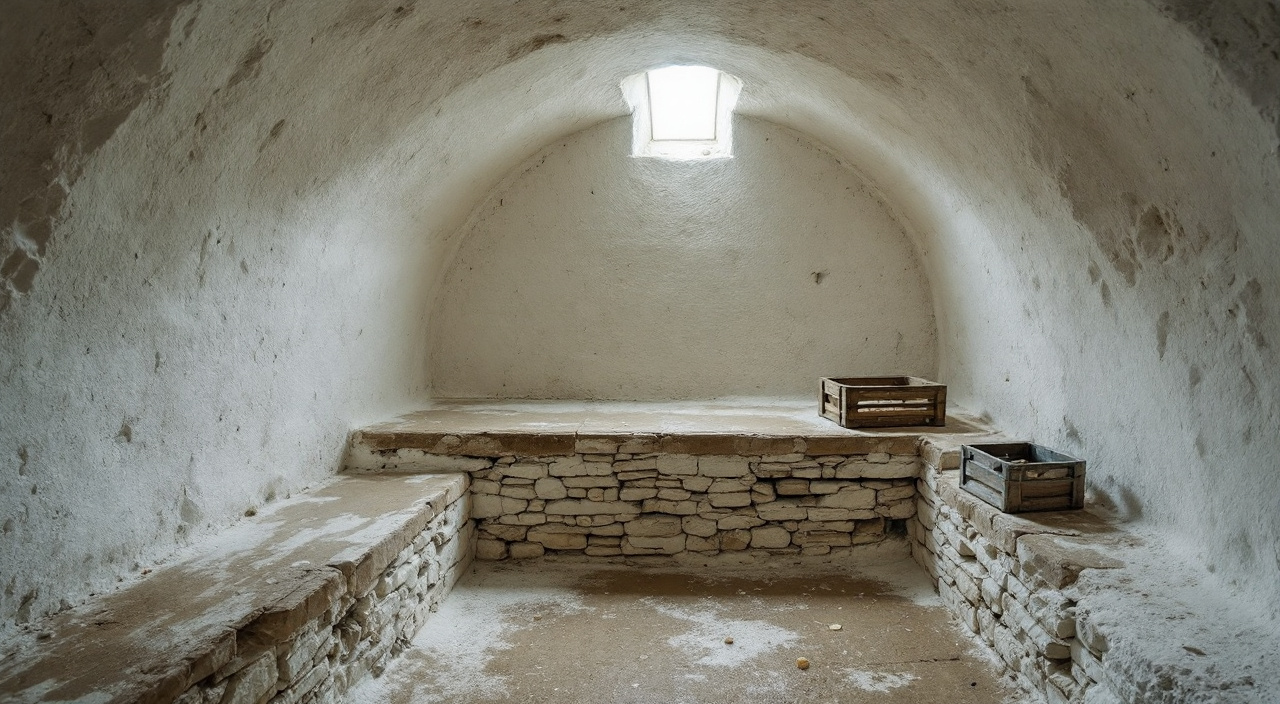 Intérieur d'une cave creusée dans la craie, voûte taillée au pic, parois humides et soupirail grillagé au fond