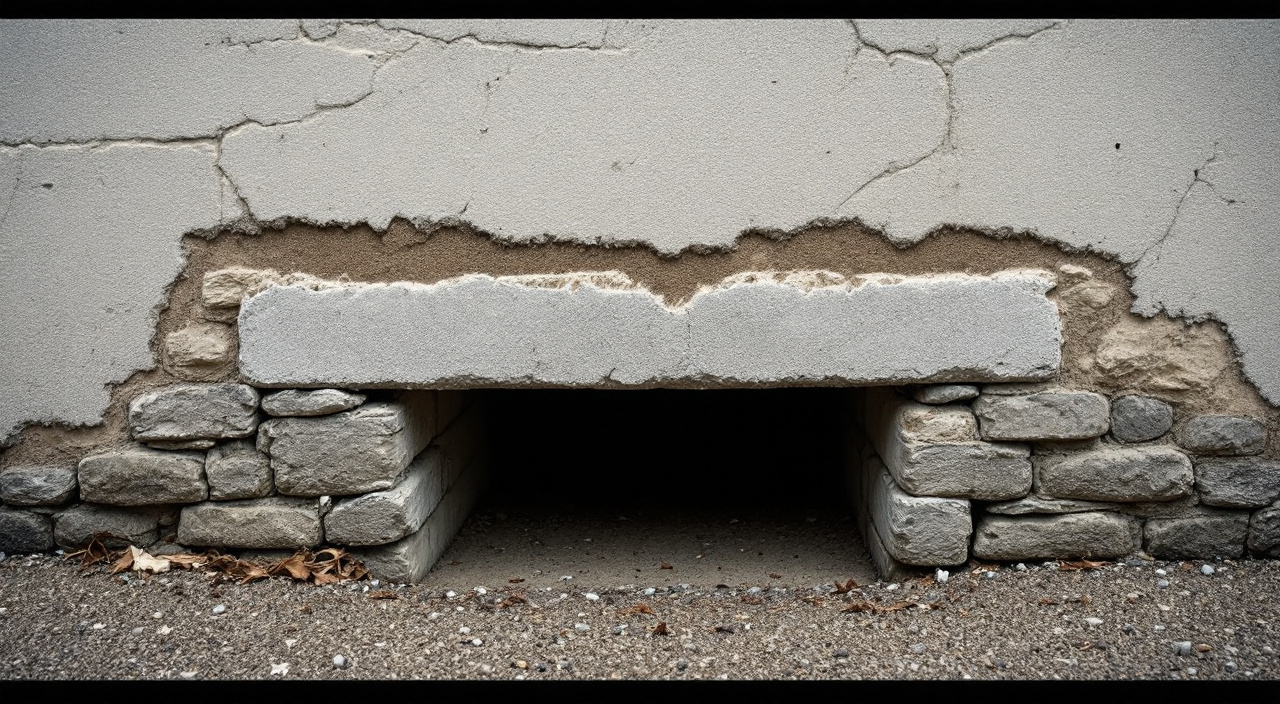 Pied d'un mur en moellons calcaires au bord de la Seine, enduit dépose sur une bande basse, ligne de limon séché visible sur la maçonnerie et grille de vide sanitaire ouverte