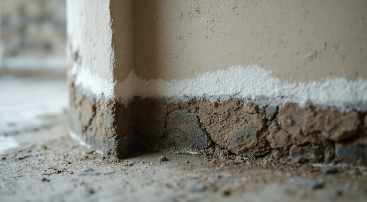 Pied d'un mur ancien en moellons et mortier de chaux, sombre et humide en bas, pâle et sec plus haut, avec une ligne blanche de sels à la transition.