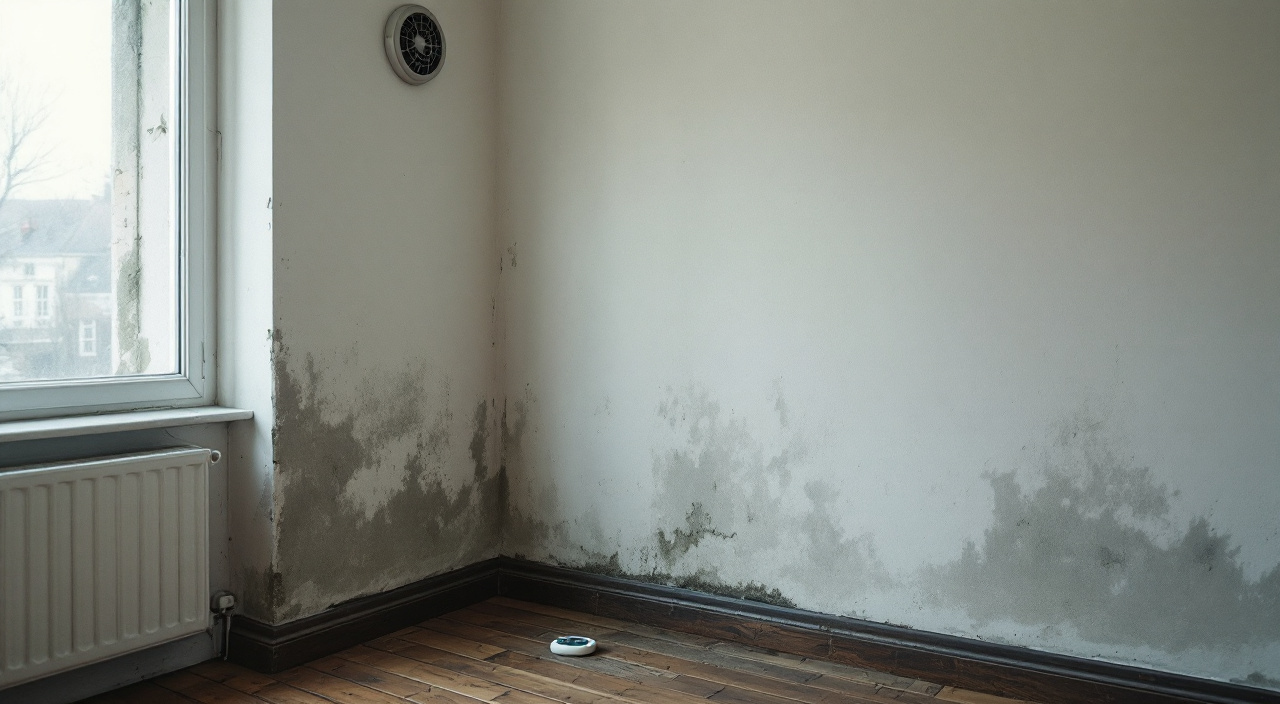 Mur bas d'une pièce louée vide, marque d'humidité continue au-dessus de la plinthe et moisissure dans l'angle