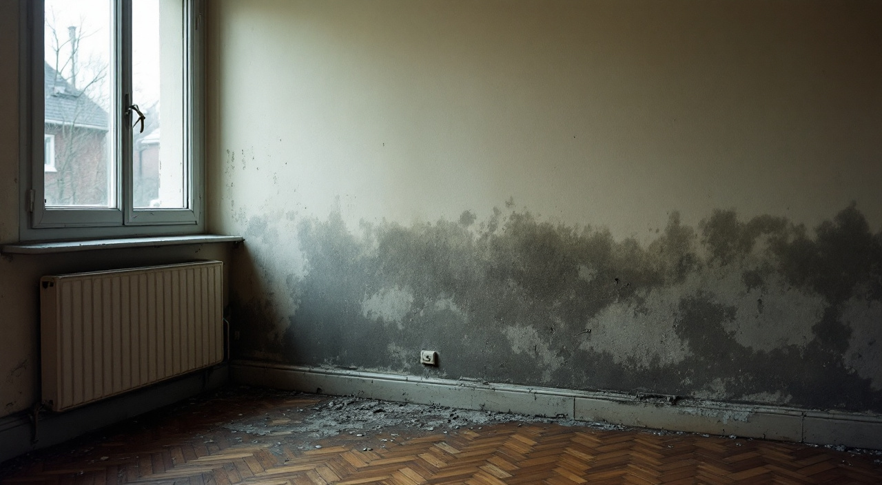 Angle d'un logement vide au mur bas taché d'humidité et peinture cloquée