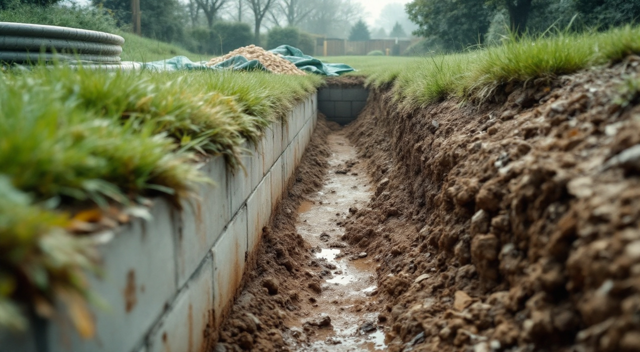 Fouille ouverte le long du mur enterré côté amont d'une maison en pente, blocs de béton dégagés jusqu'à la semelle, drain et gravier prêts à poser.