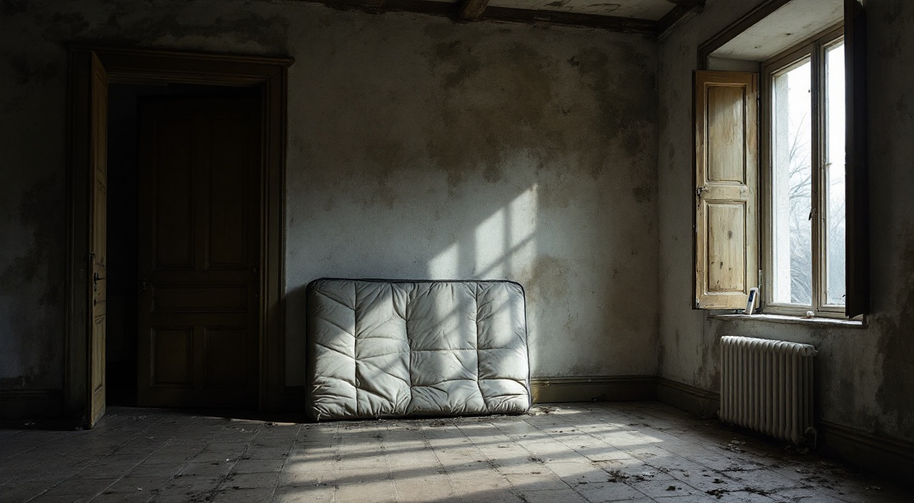 Intérieur d'une maison de pierre inoccupée en hiver, volets clos, condensation dans l'angle du mur et hygromètre posé sur l'appui de fenêtre