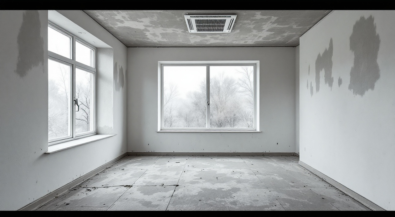 Pièce vide d'une maison neuve en hiver : chape brute encore tachée d'humidité et condensation sur la fenêtre