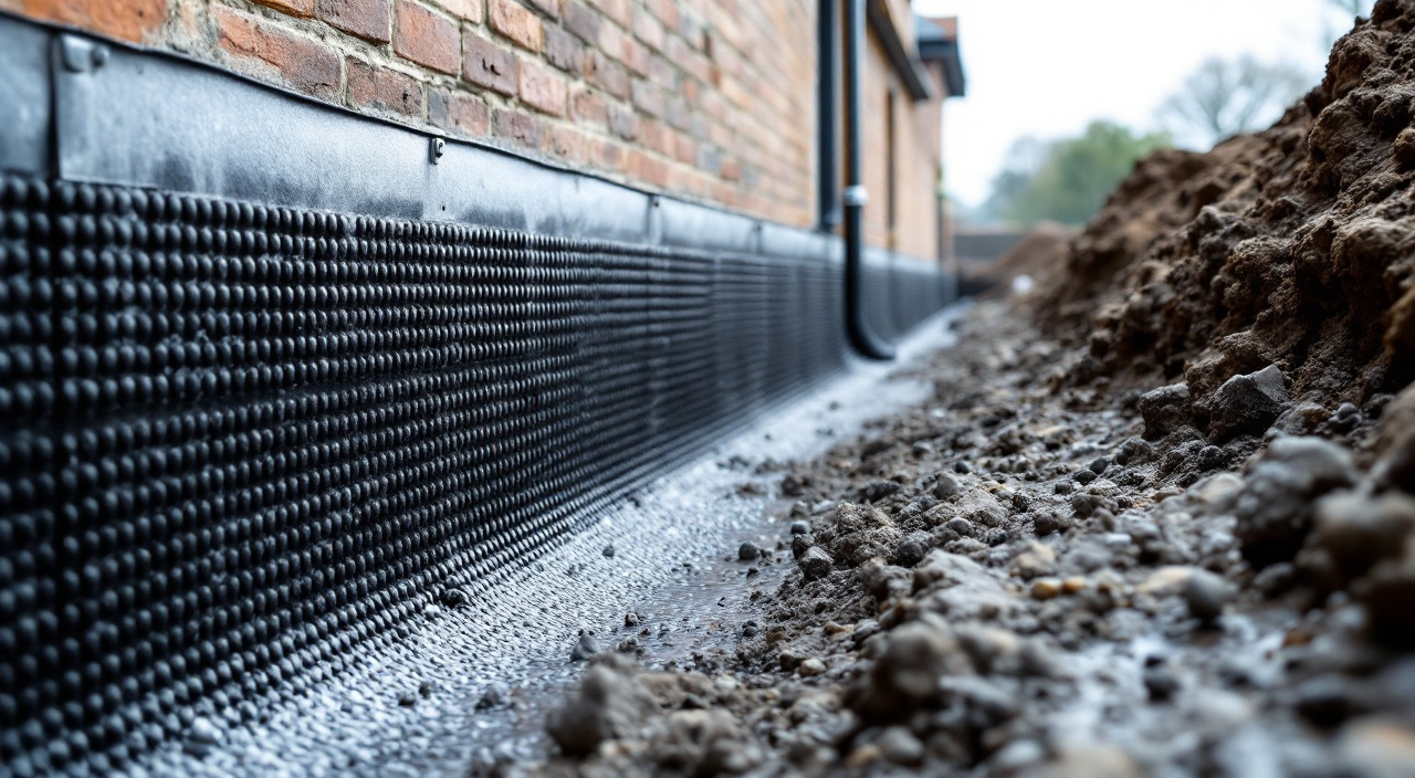 Nappe à nodules déroulée contre un mur enterré dans une fouille ouverte, drain et gravier en pied