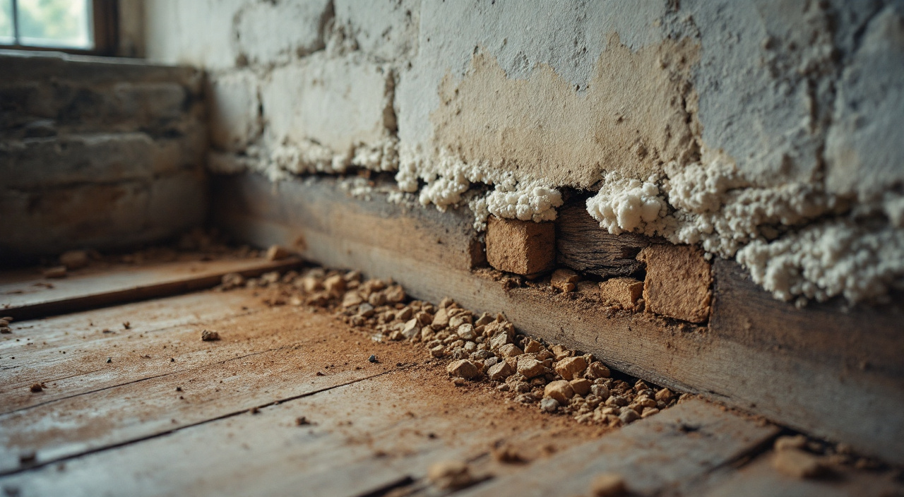 Plancher déposé laissant voir une solive encastrée dans un mur humide, bois fendu en cubes et voile blanc de mycélium