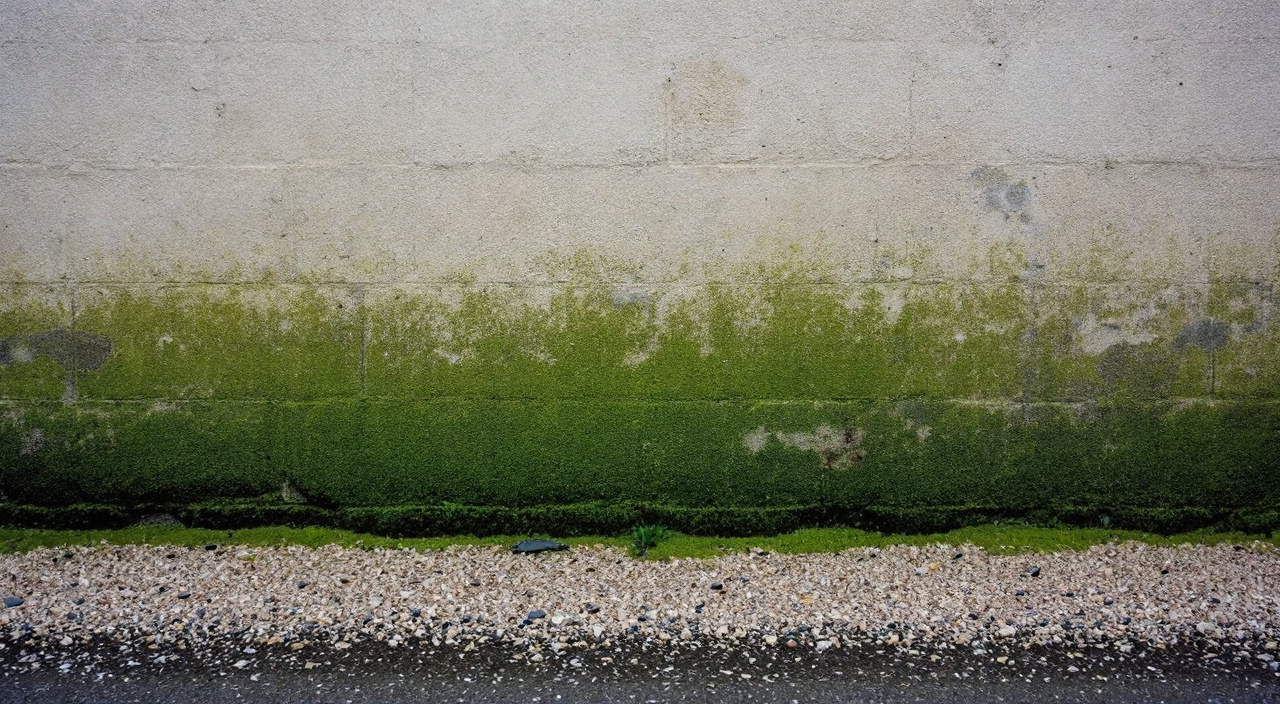 Bas de mur ancien verdi par les algues et la mousse jusqu'à une limite horizontale nette
