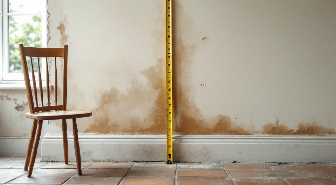 Bas de mur intérieur taché d'humidité avec un mètre ruban déroulé verticalement et un repère au crayon daté sur l'enduit
