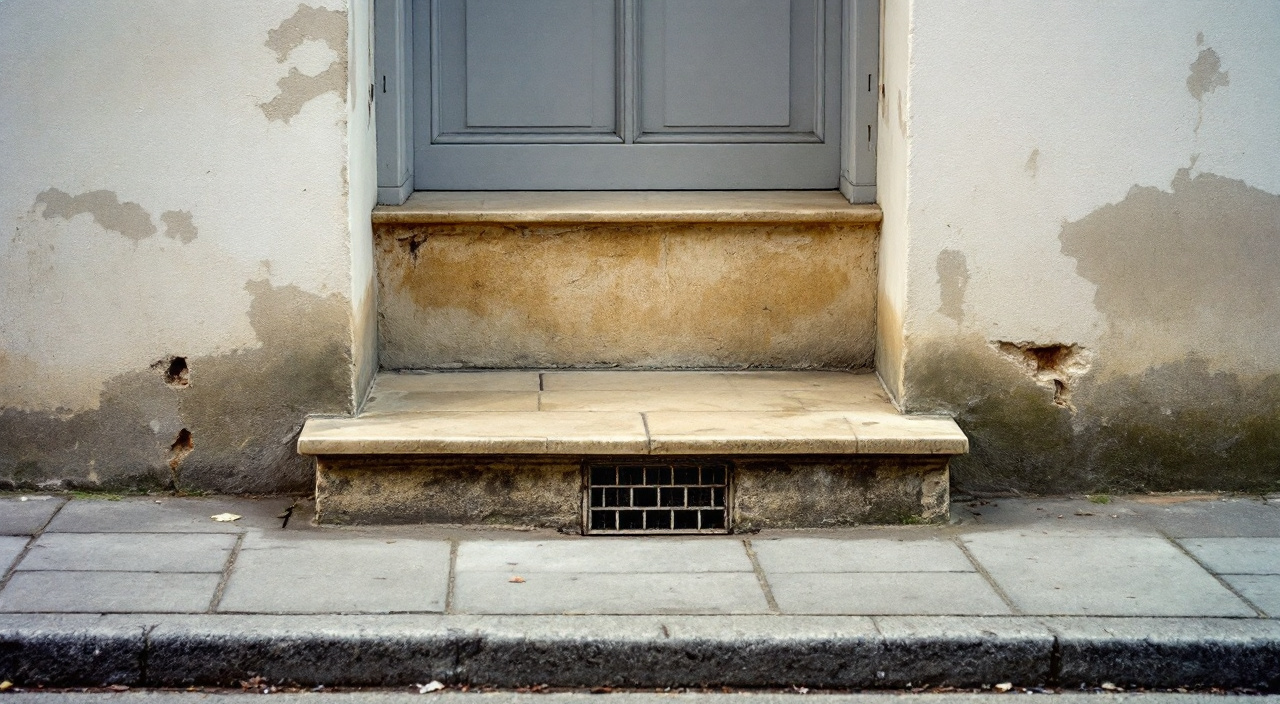 Seuil ancien en pierre calcaire plus bas que le trottoir en enrobé, pied de façade taché d'humidité dans une rue de bourg.
