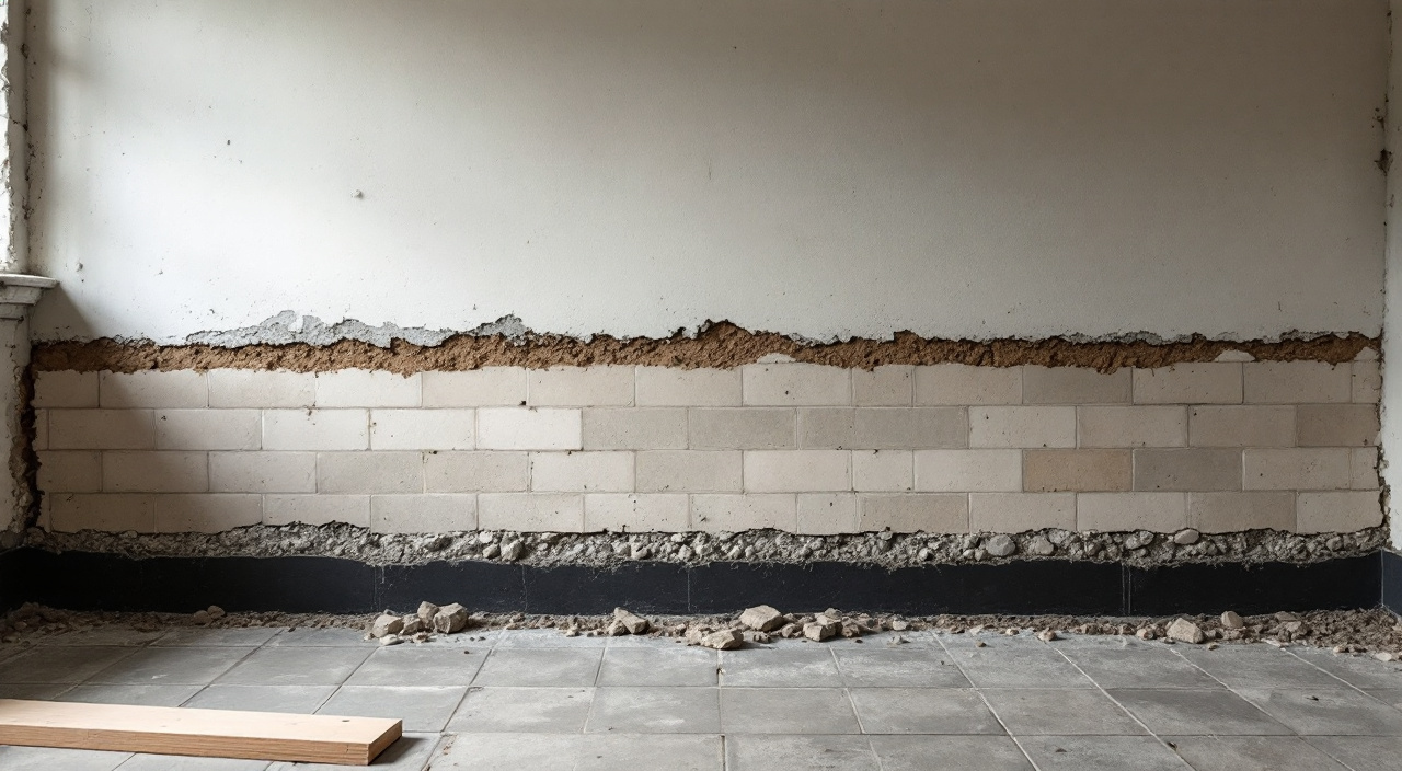 Bande de carrelage découpée au pied d'un mur en silex dans une longère, laissant voir la dalle béton, le film polyane et la terre humide, avec une ligne d'humidité et un voile de sels sur l'enduit.