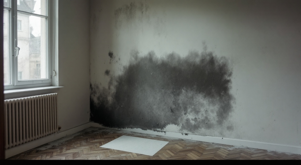 Angle de mur de chambre découvert après avoir écarté une armoire, avec un voile de moisissure grise sur la paroi froide