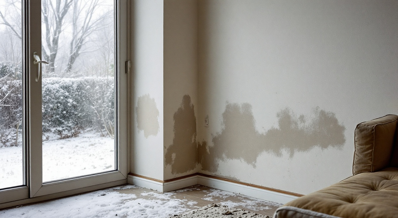 Pied de mur d'un séjour de pavillon avec bande d'humidité diffuse et buée en bas de la baie vitrée