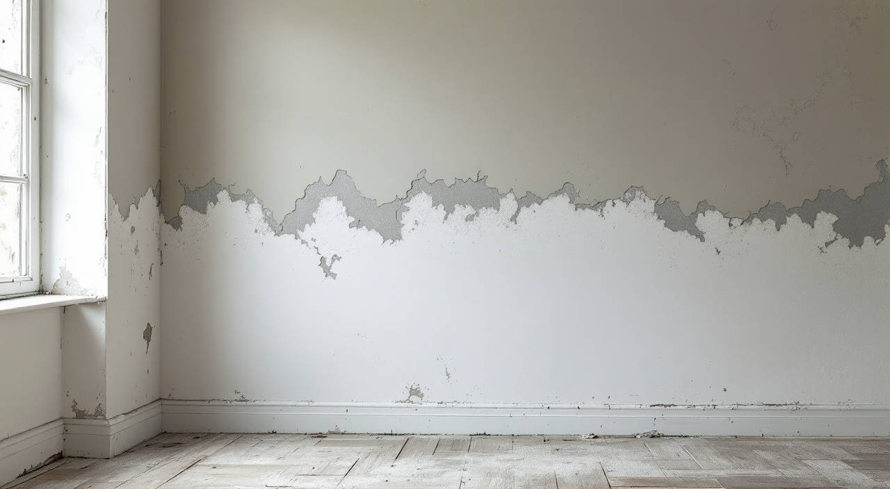 Peinture blanche d'étanchéité décollée en plaques au bas d'un mur intérieur, laissant voir un plâtre gris pulvérulent et des cristallisations blanches