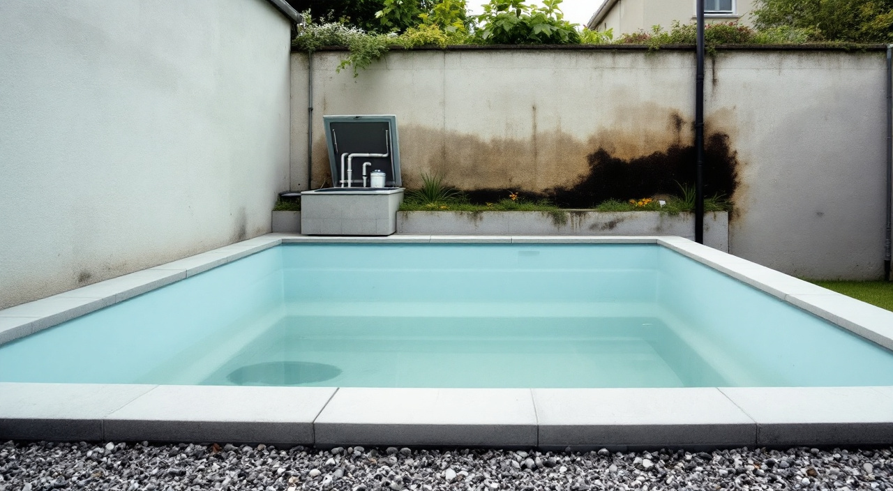 Piscine creusée à quelques mètres d'un mur enduit, local technique semi-enterré ouvert et ligne de goutte-à-goutte au pied d'une façade tachée d'humidité.