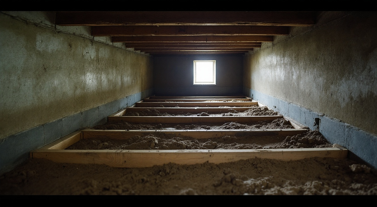Vue dans un vide sanitaire : solives bois posées sur une maçonnerie humide, sol en terre