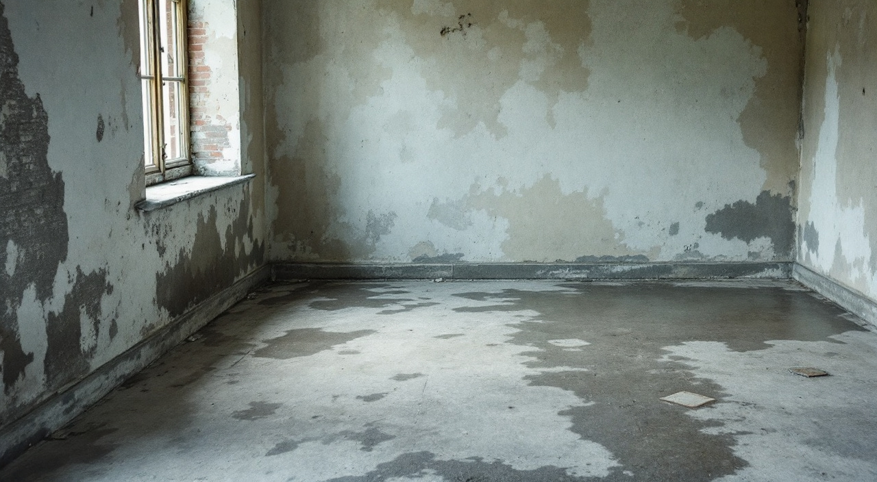 Dalle de plancher bas tachée d'humidité en périphérie