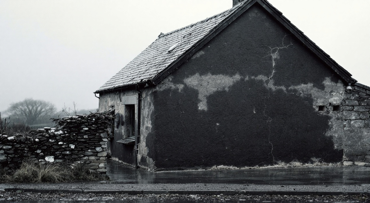 Pignon d'une maison ancienne enduite, entièrement assombri par la pluie battante sauf sous le débord de toit et près des tableaux de fenêtre.