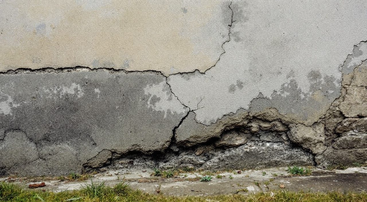 Enduit ciment de soubassement fissuré et décollé