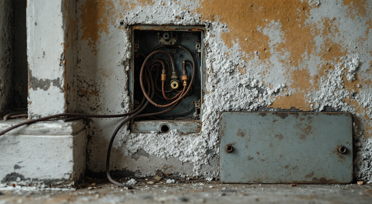 Boîte d'encastrement ouverte dans un mur de sous-sol humide, conducteurs de cuivre oxydés et dépôt de sels sur l'enduit