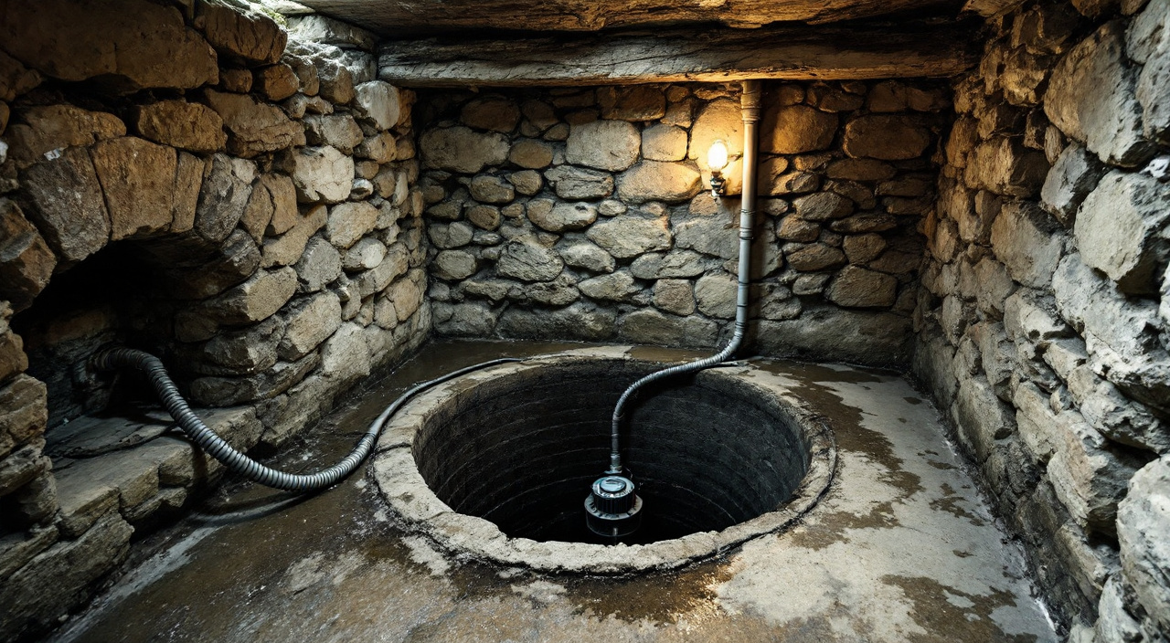 Puisard creusé dans le sol d'une cave ancienne, pompe immergée et tuyau de refoulement le long du mur
