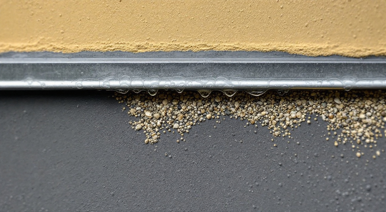 Détail du raccord horizontal entre un soubassement gris foncé et l'enduit clair de la façade, avec baguette larmier et bande de gravier au pied