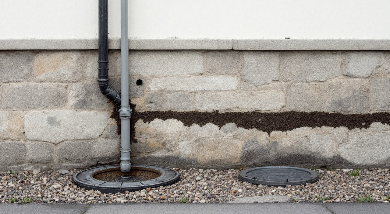 Pied de mur en pierre avec trace sombre, descente d'eau pluviale et regard ouvert