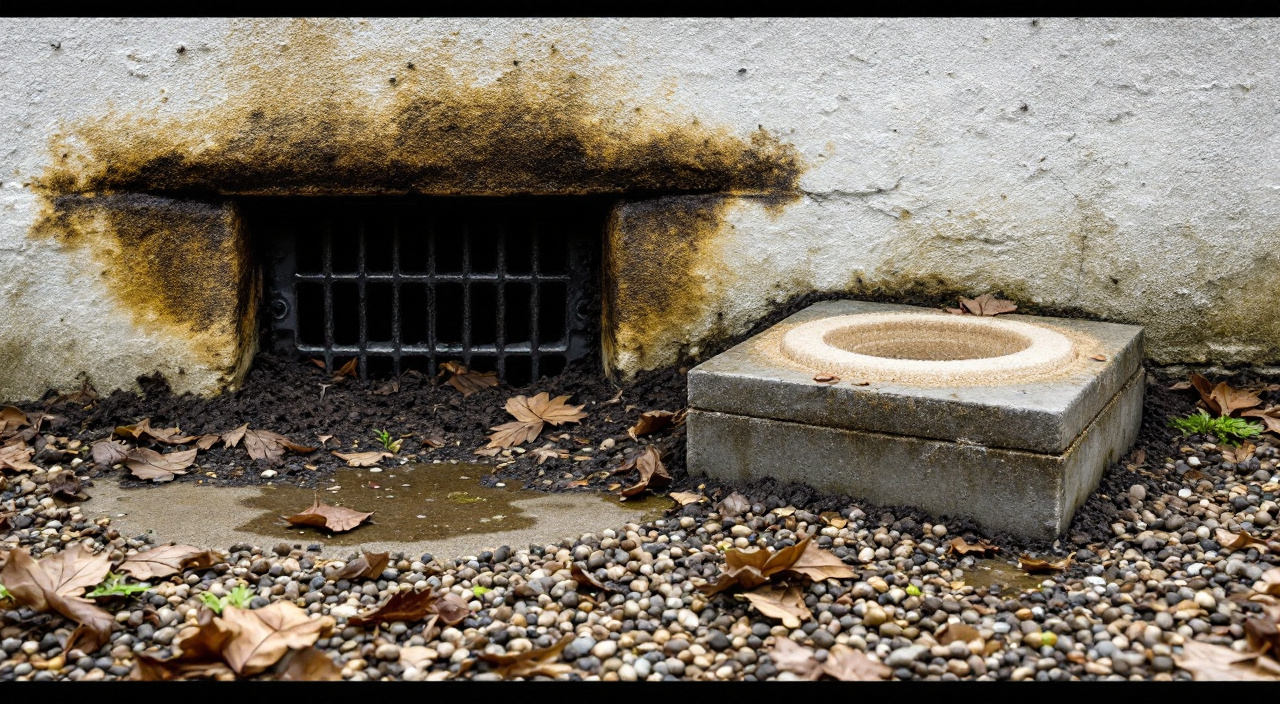 Pied de mur enduit avec une grille d'aération de vide sanitaire à demi enterrée et un tampon de regard posé de travers sur son cadre fissuré.