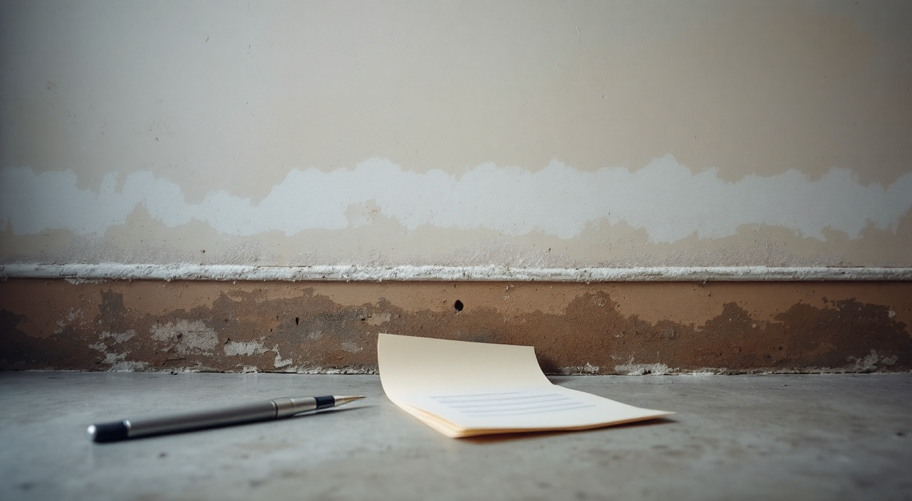 Pied de mur intérieur humide avec auréole et dépôt de sels, dossier papier et sonde d'humidité posés au sol