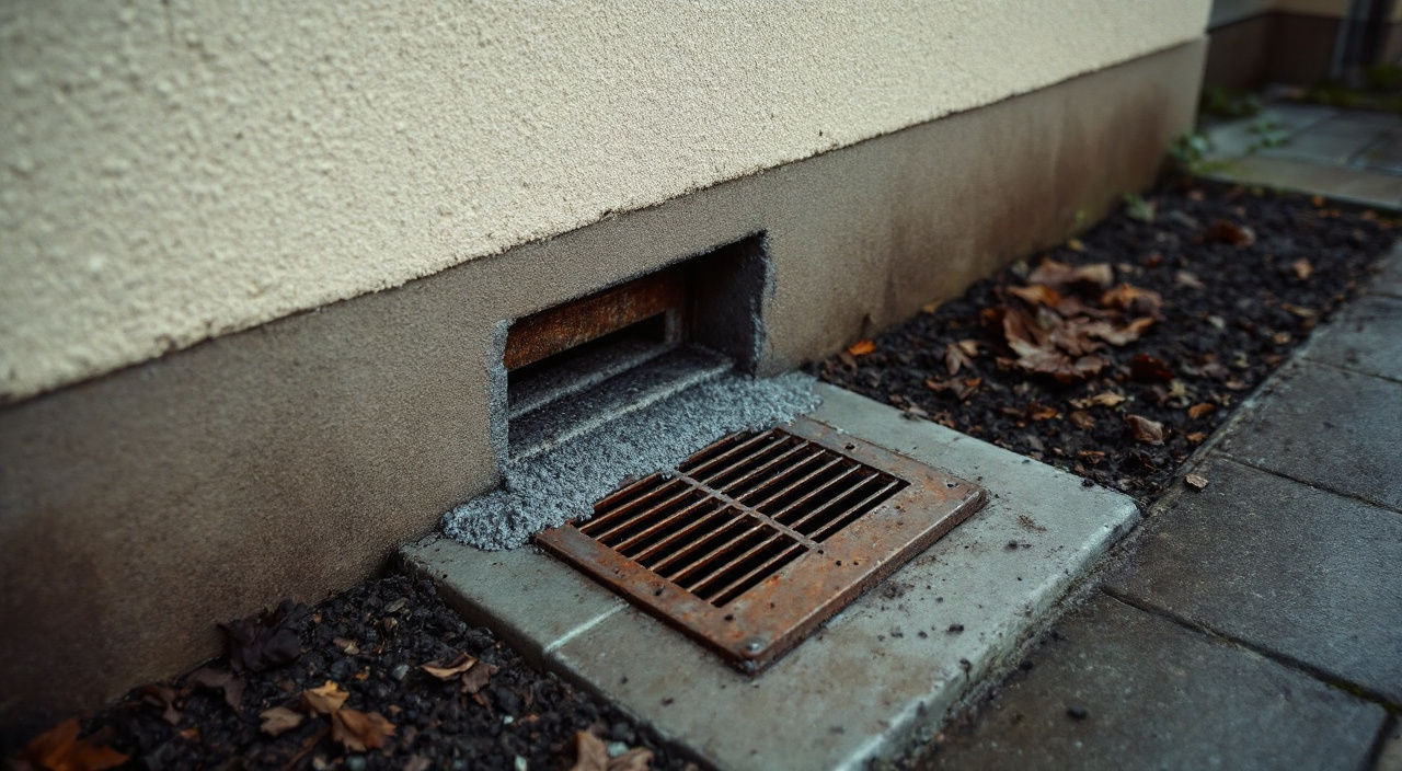 Grille de ventilation de vide sanitaire partiellement bouchée au mortier au pied d'un pavillon des années 1980.