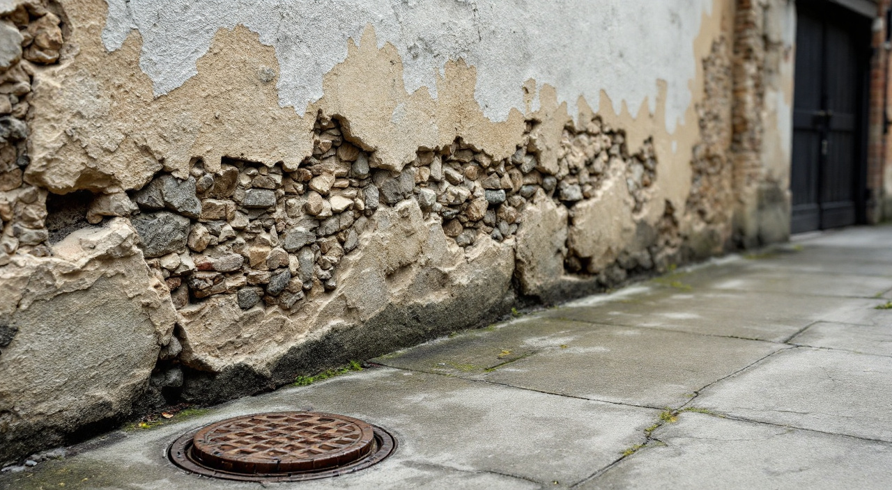 Pied de mur en moellons et brique d'une maison de bourg, enduit ciment écaillé et regard en fonte dans la cour