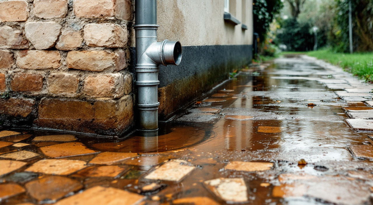 Pied de mur en brique et silex après la pluie, flaque stagnante au débouché d'une descente de gouttière sur un terrain plat.