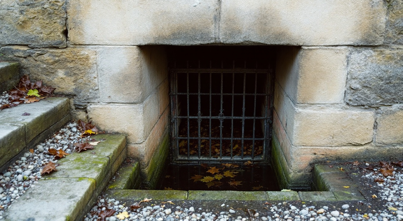 Soupirail de cave grillagé au fond d'une cuvette maçonnée encombrée de feuilles, avec auréole humide sur le soubassement en pierre