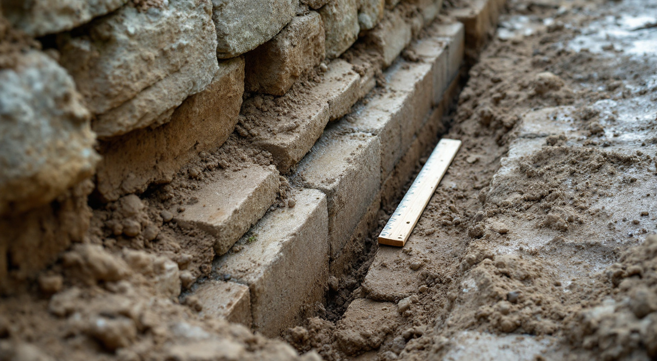 Fouille étroite ouverte au pied d'un mur ancien en moellons, montrant l'empattement de grosses pierres posé directement sur la terre