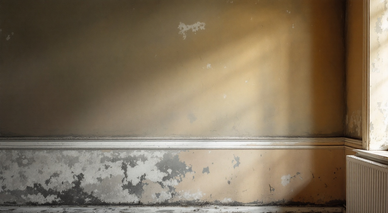Bas d'un mur intérieur assombri par l'humidité, avec une limite haute nettement horizontale et un voile blanc de sels sous cette ligne.