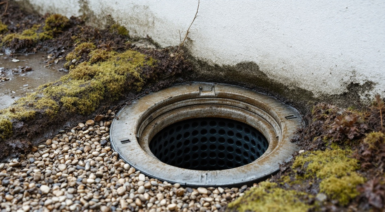 Regard de drainage ouvert au pied d'un mur, tuyau perforé visible dans le puits