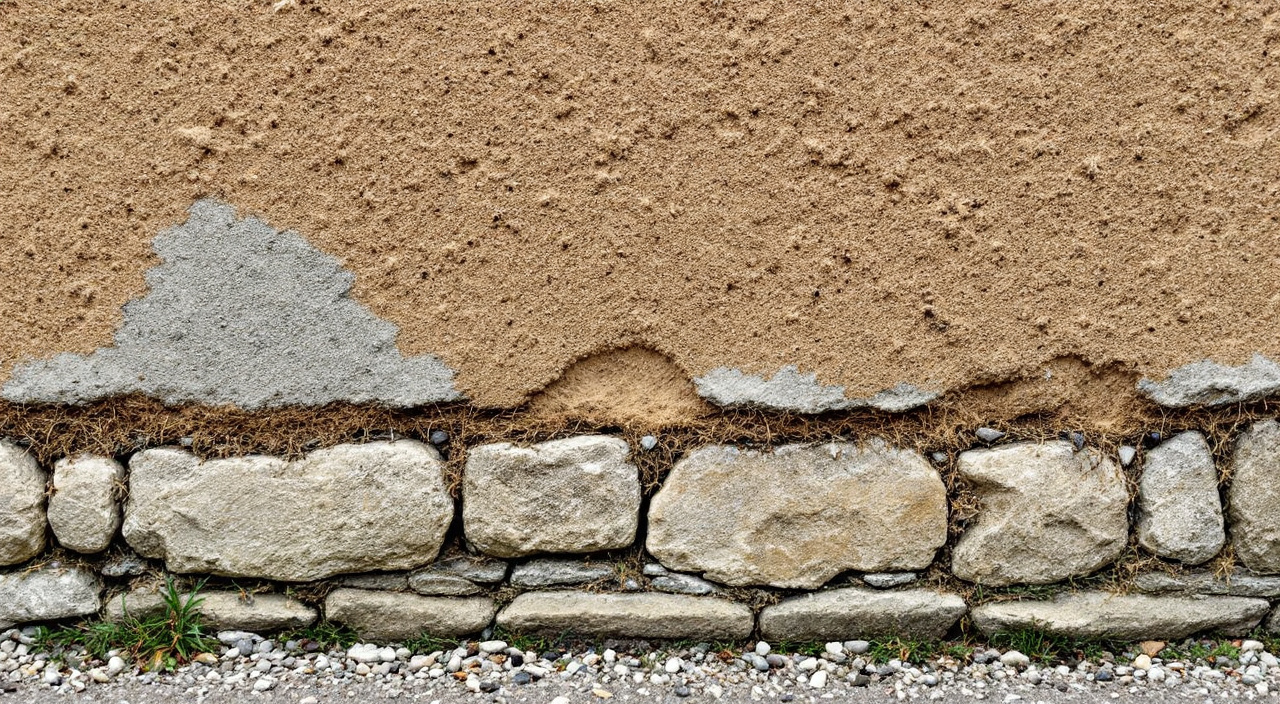 Pied d'un mur de bauge normand posé sur un soubassement de moellons, enduit de terre décroché au ras de la pierre