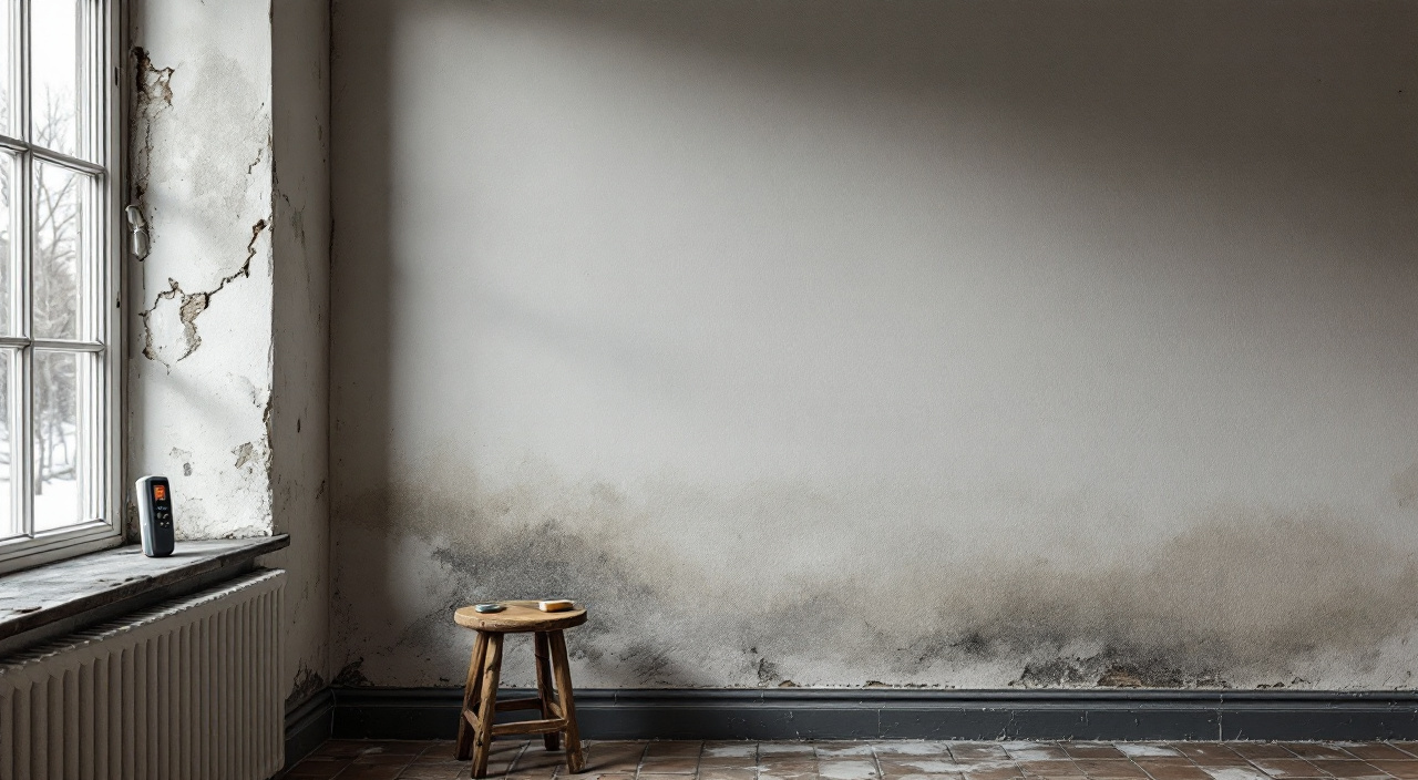 Bas de mur humide dans une pièce non chauffée, avec un thermomètre infrarouge et un hygromètre posés devant