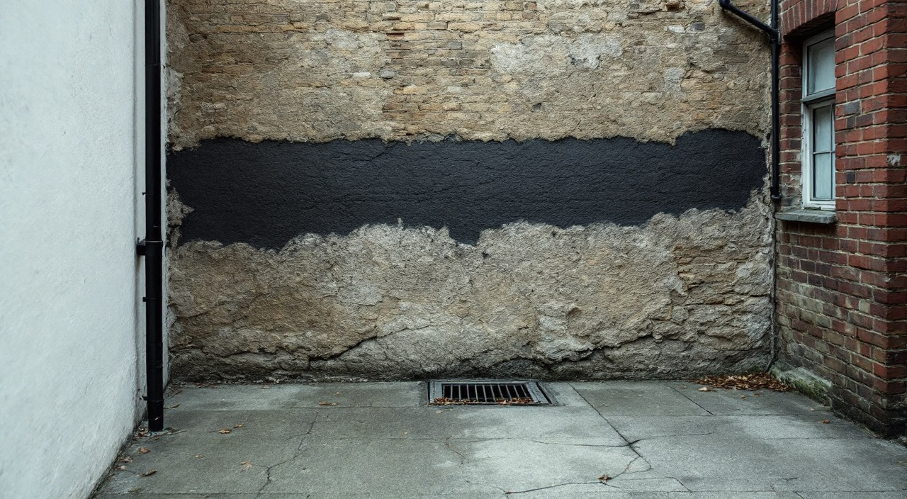 Pied d'un mur mitoyen en maçonnerie ancienne dans une cour, bande sombre d'humidité et enduit écaillé au ras du sol bétonné
