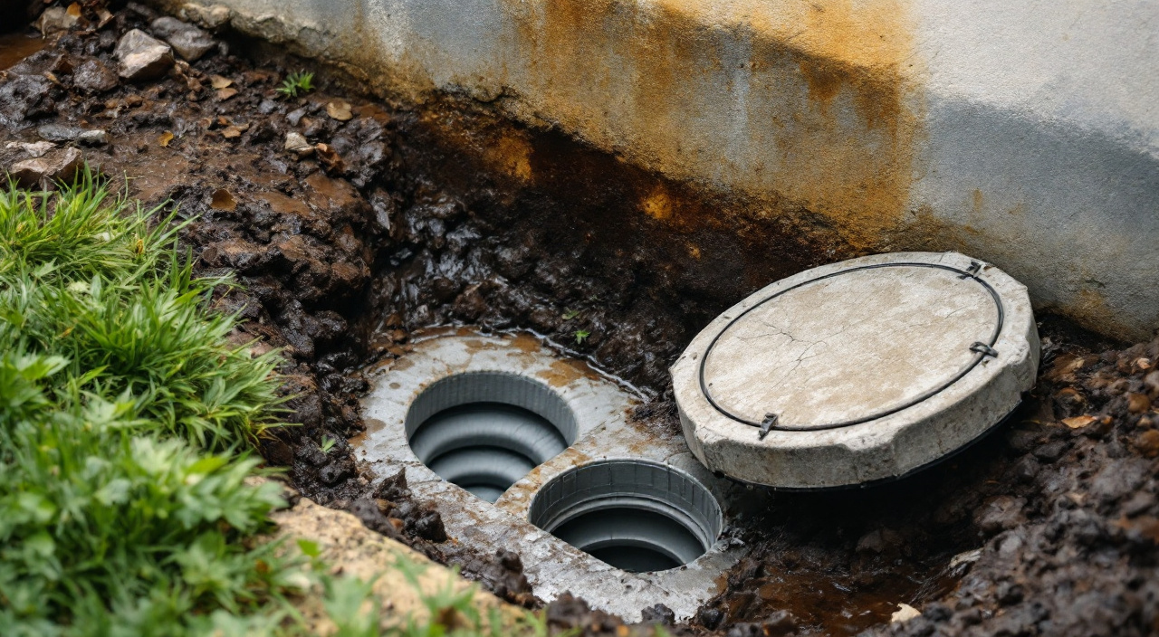 Tranchée étroite ouverte le long d'un pied de mur ancien, laissant voir une canalisation d'évacuation fissurée dans la terre humide.
