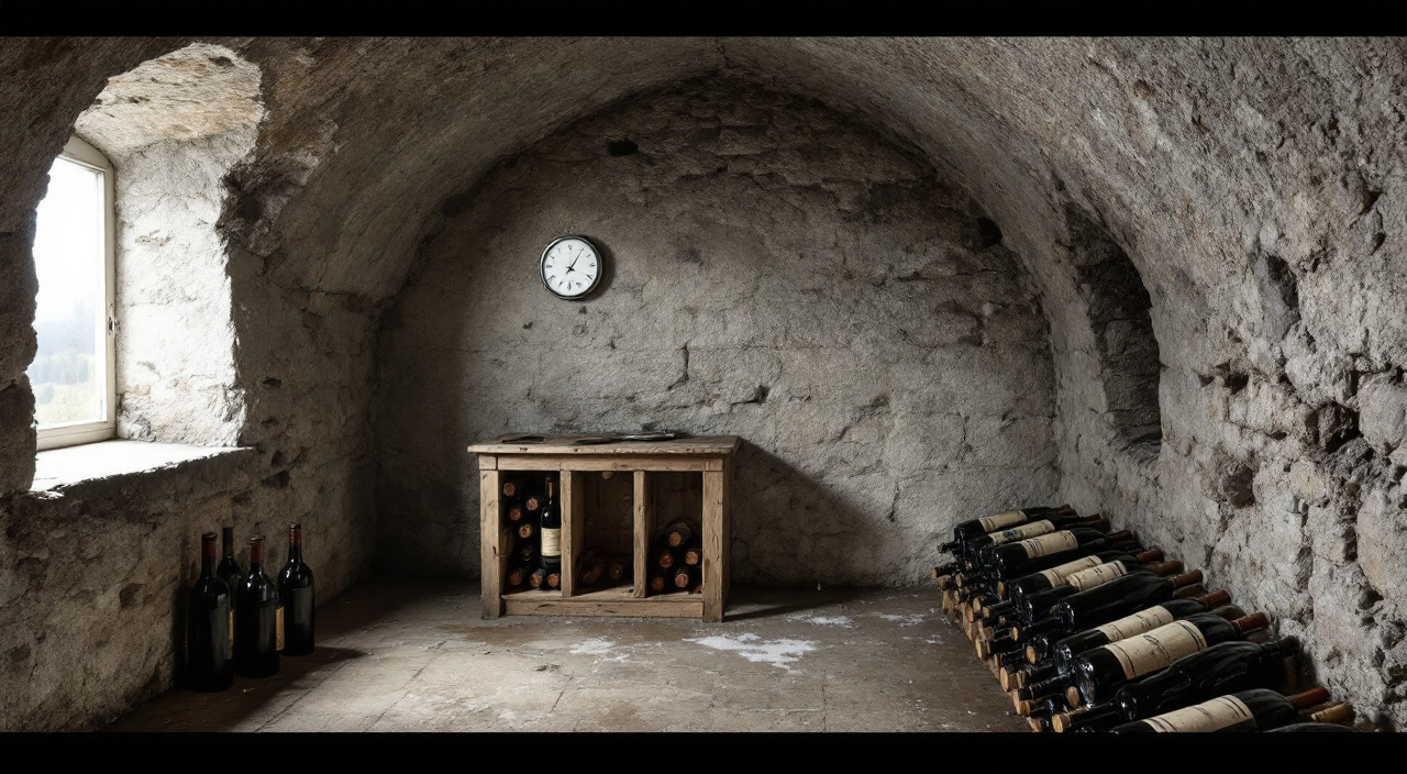Cave voûtée en pierre avec casiers en bois, sol de terre battue et hygromètre accroché au mur