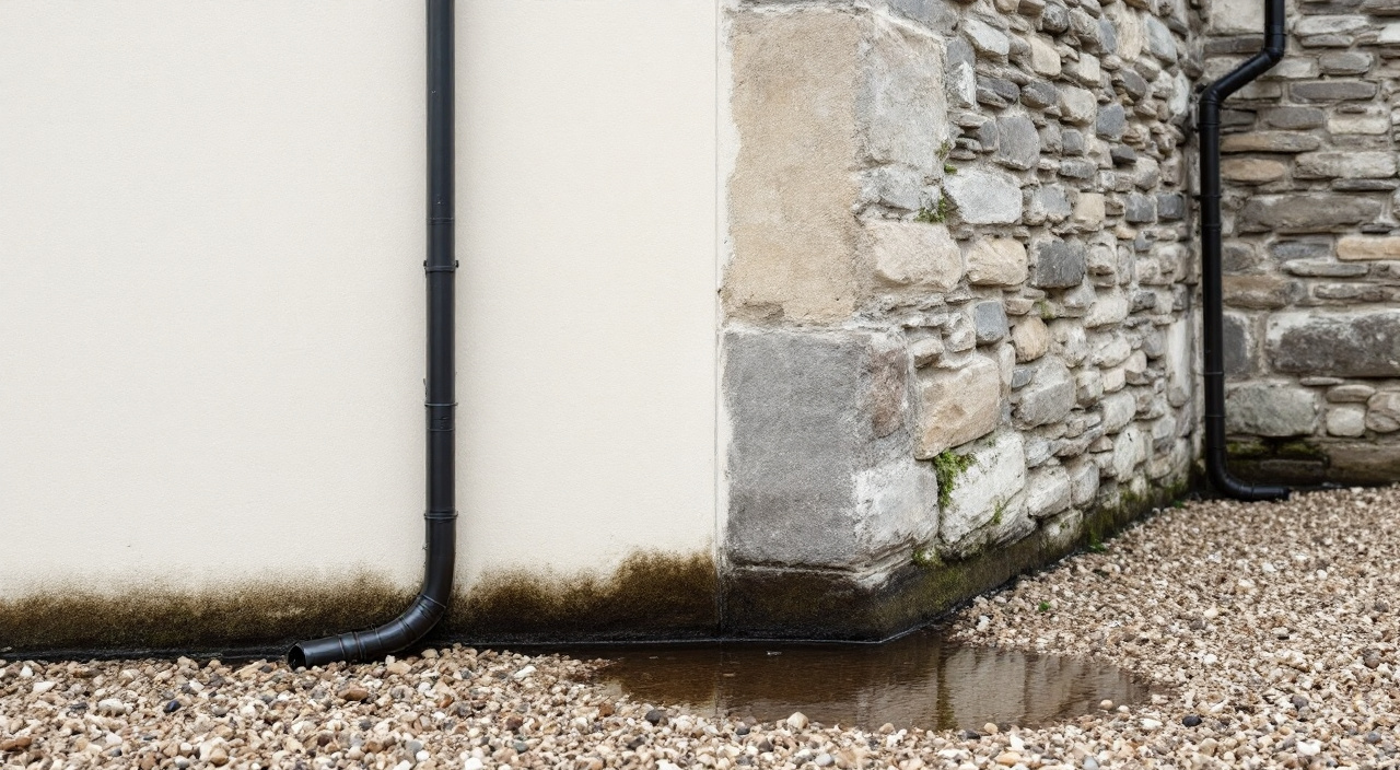 Angle entre une extension récente et un mur ancien, avec une trace d'humidité qui suit la ligne de jonction au pied du mur