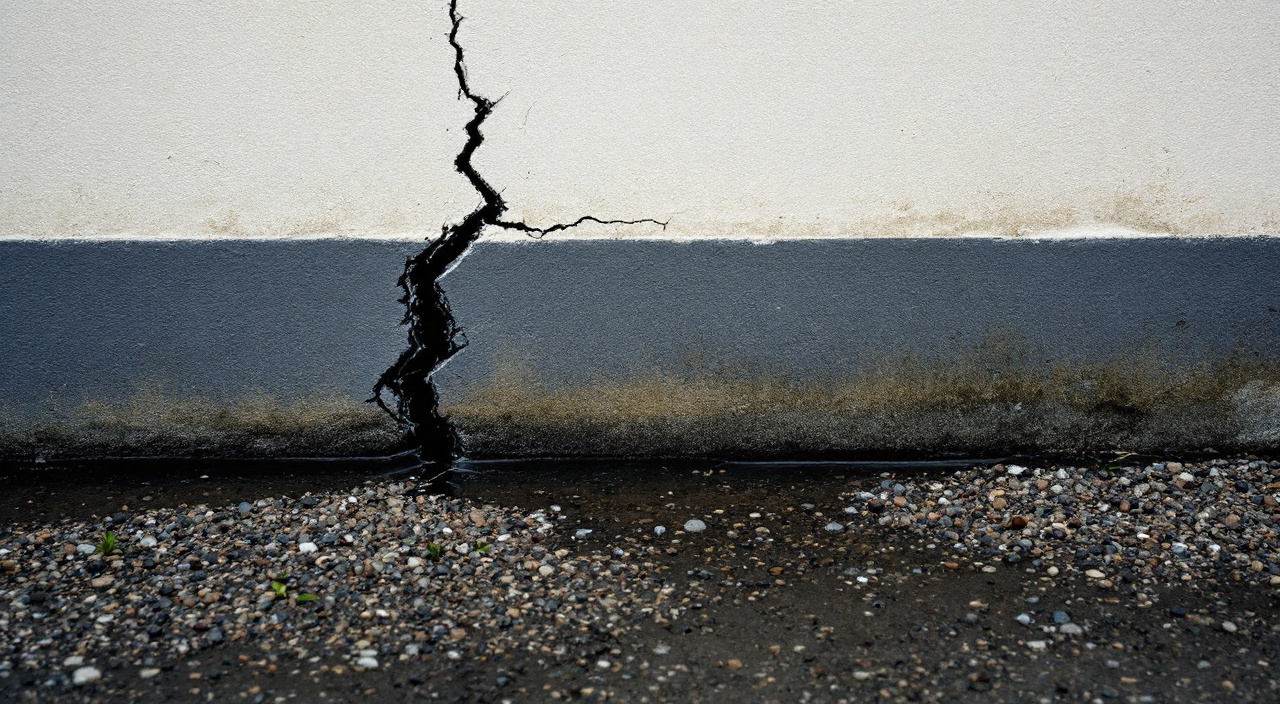 Fissure dans l'enduit au bas d'une façade, traînée sombre sous la fissure après la pluie