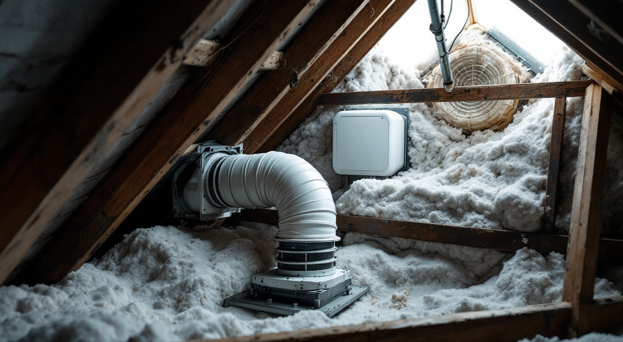 Caisson de ventilation par insufflation installé dans des combles, relié par une gaine souple à une bouche de plafond.
