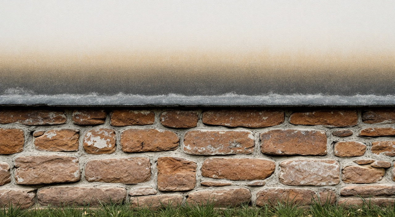 Assises basses d'un mur en grison roux, joints de chaux érodés et frange sombre d'humidité au pied du mur